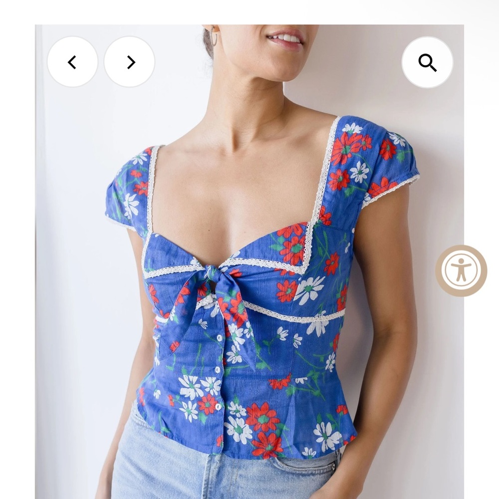 Free People Blue Floral Blouse with Red Accents